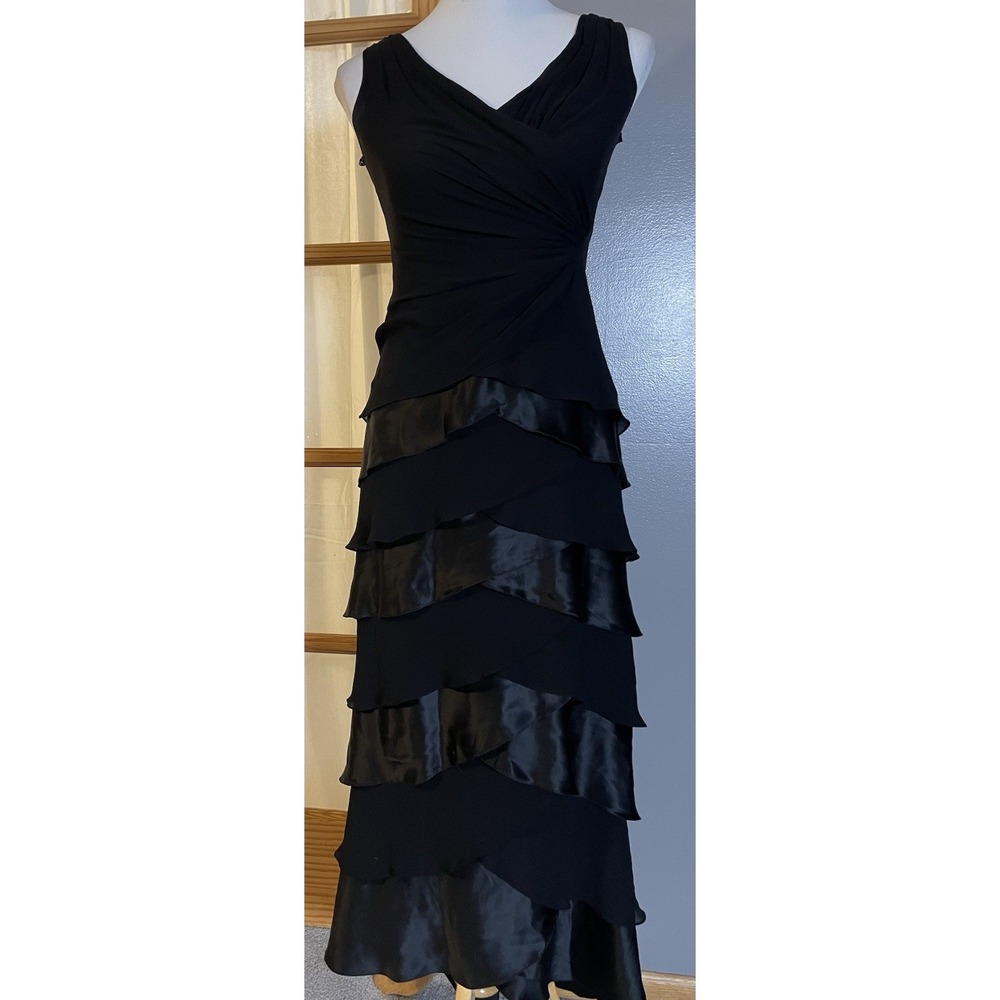 90s Tadashi Layered Silk Evening Gown Sz 4P Side Ruched Formal Wedding Prom Gala